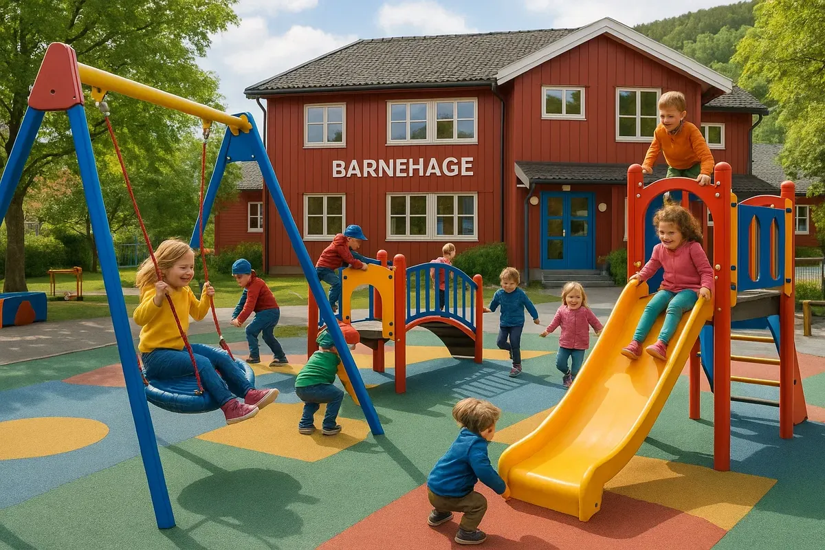 A Norwegian kindergarten (barnehage) outdoor playground with colorful equipment and children playing.