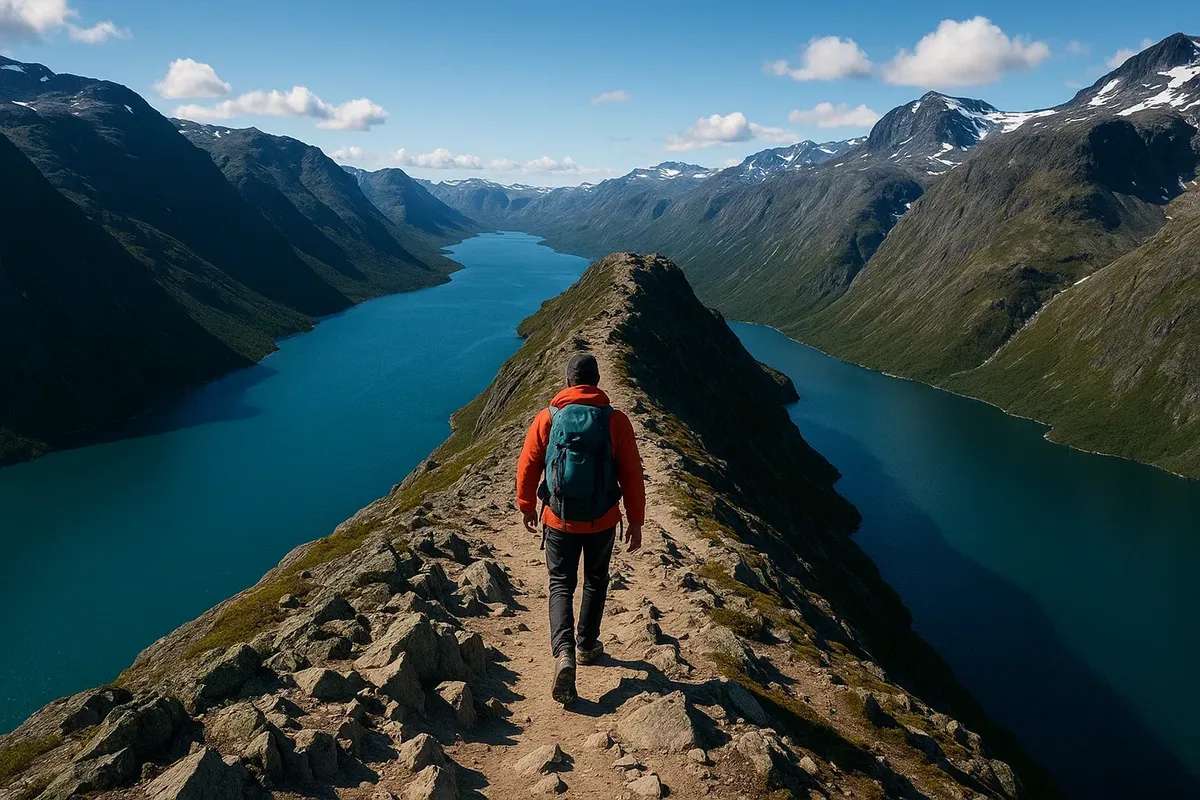 A hiker on the Besseggen trail in Norway with panoramic views of the fjord and surrounding mountains.