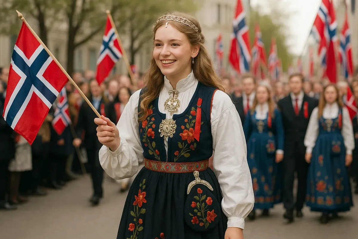A person wearing a traditional Norwegian bunad costume during the 17th of May parade.