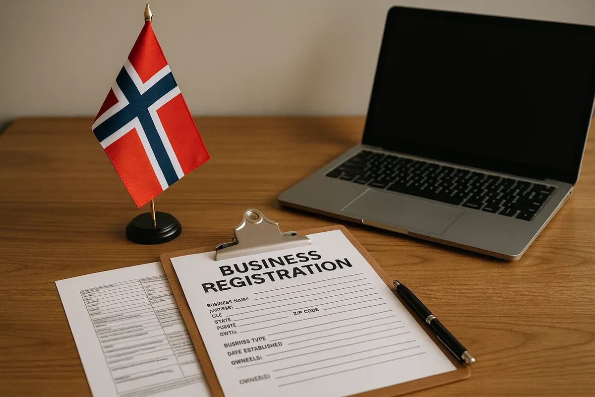 Close-up of Norwegian business registration papers, a laptop, and a small Norwegian flag on a desk.