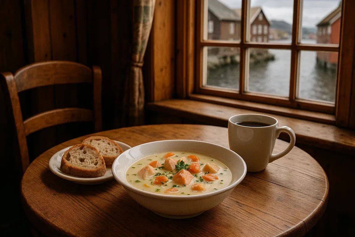 A warm and inviting café scene in Norway with a bowl of fish soup, fresh bread, and a cup of coffee on the table.