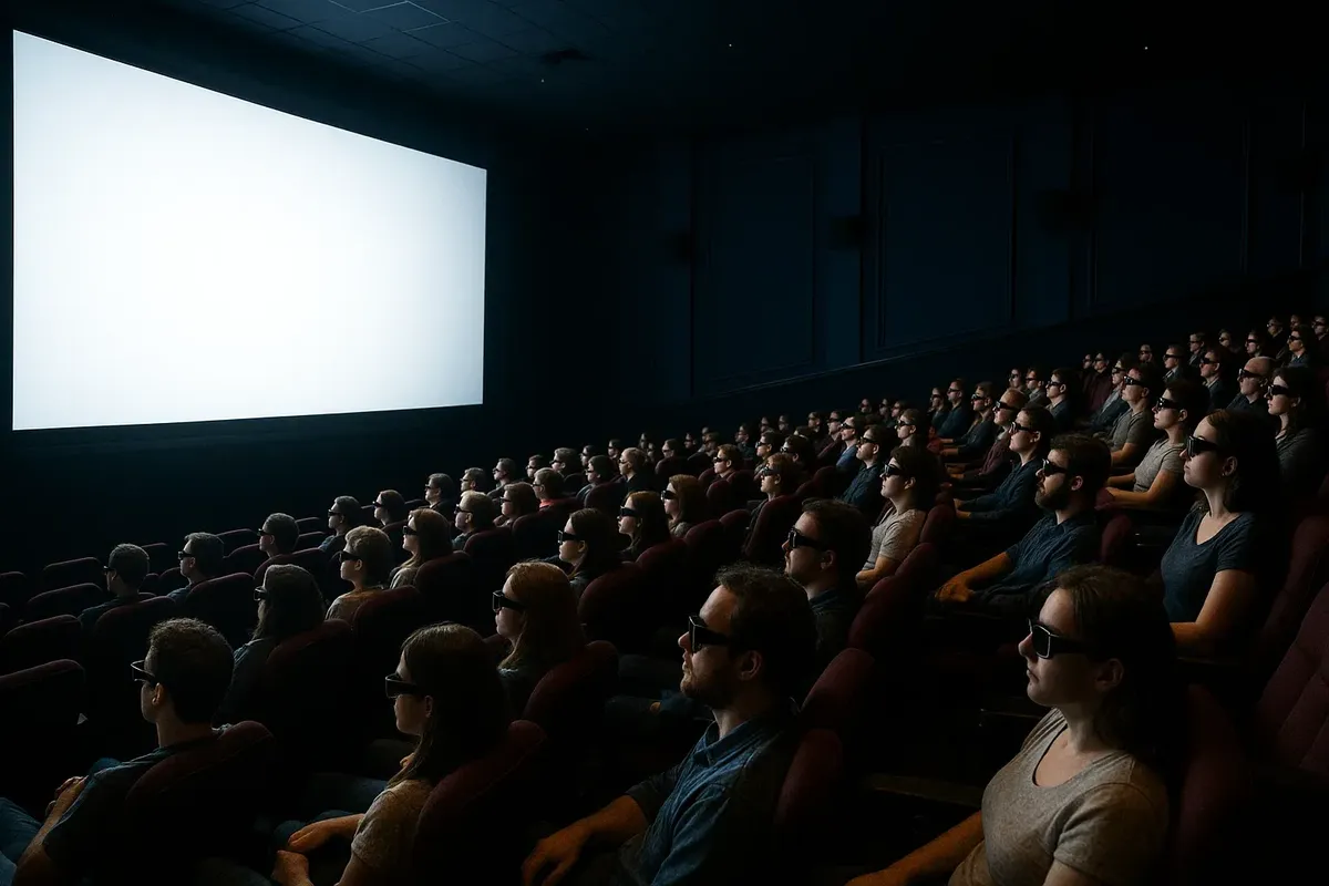 A Norwegian cinema hall with people wearing 3D glasses, watching a movie on a large screen.