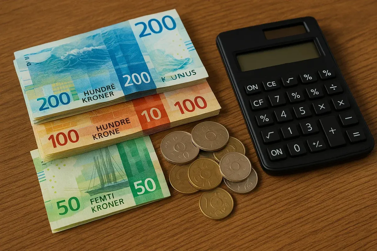 Norwegian banknotes and coins arranged on a wooden table with a calculator, representing currency and travel budget.