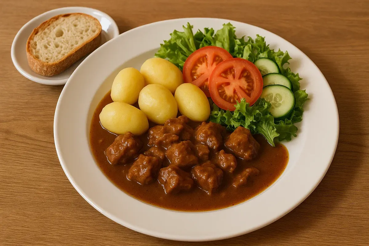 A traditional Norwegian dagens rett meal served with fresh bread, salad, and a cup of coffee on a wooden table.