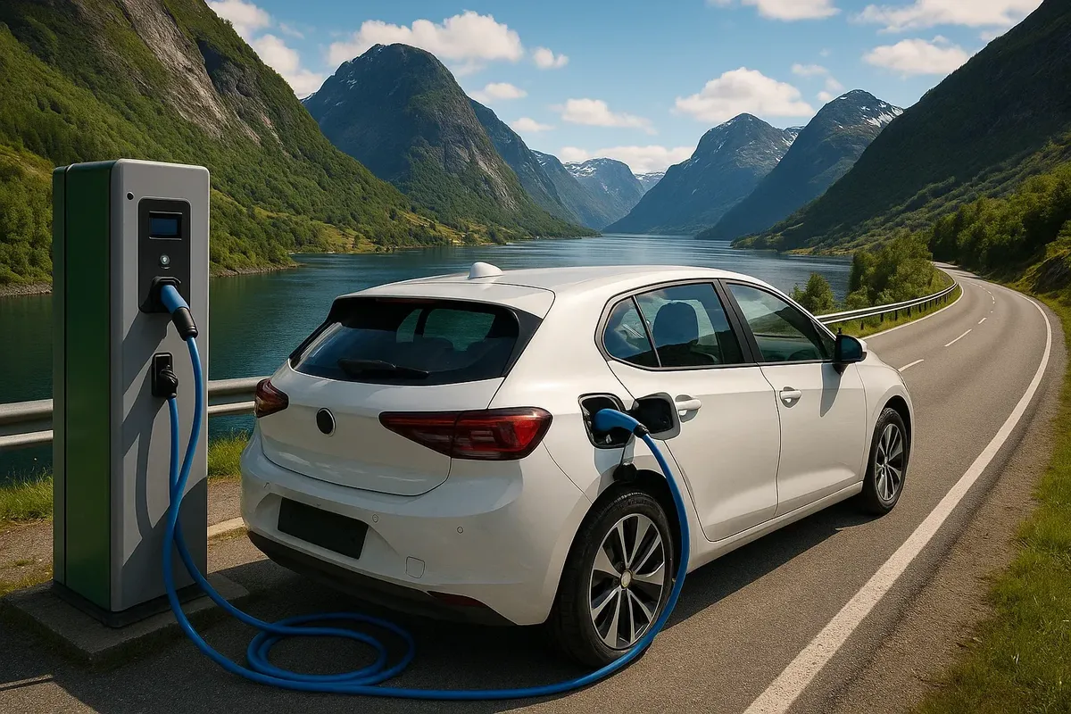 An electric rental car charging at a roadside station with fjord and mountains in the background.