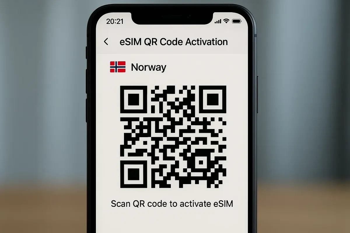 A close-up of a smartphone displaying a QR code for activating an eSIM for Norway.