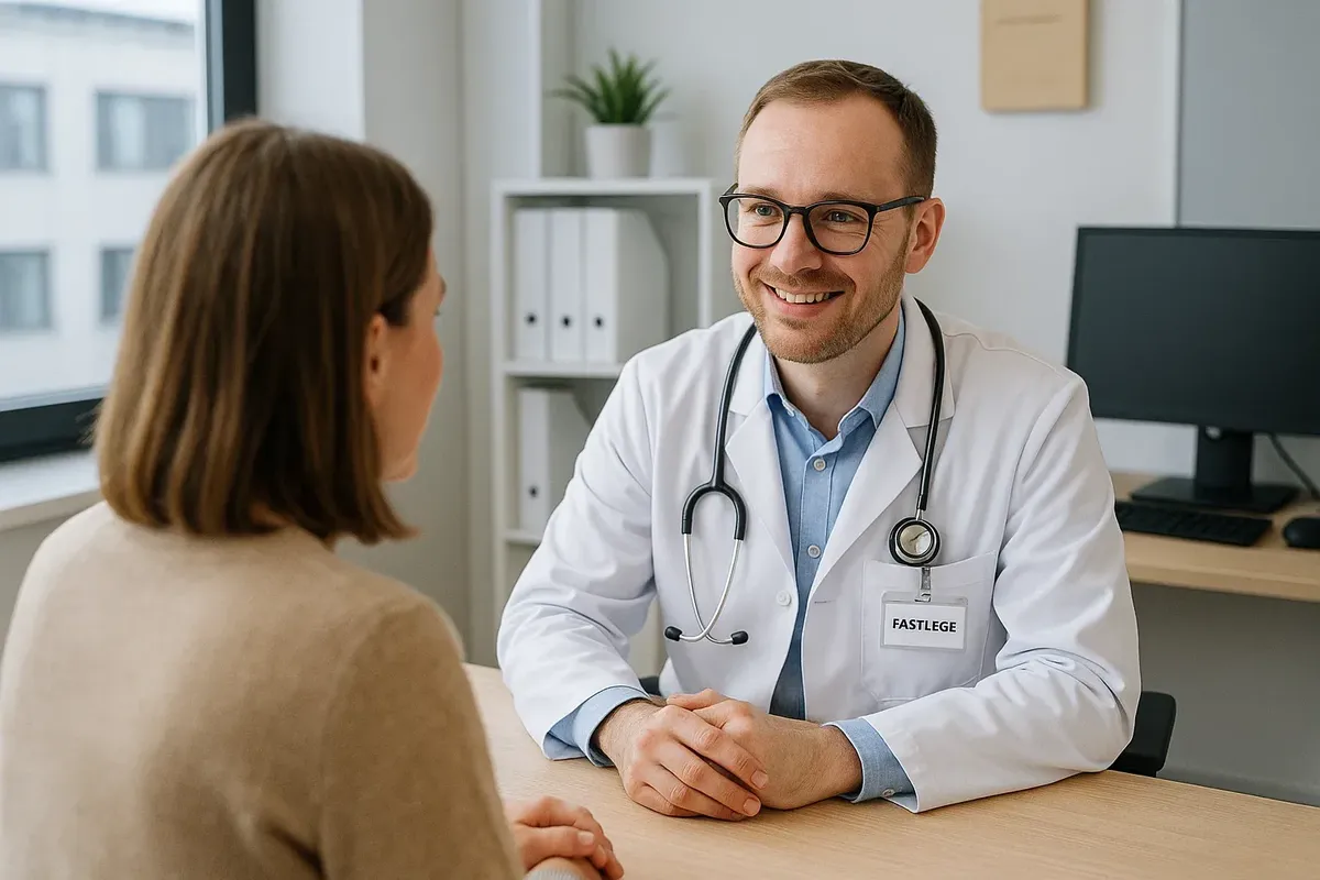 A fastlege (family doctor) in Norway meeting with a patient in a clean, modern examination room.