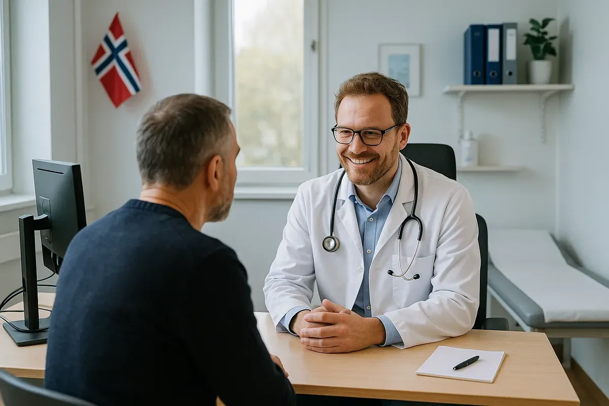 A Norwegian fastlege consulting a patient in a bright and modern clinic room.