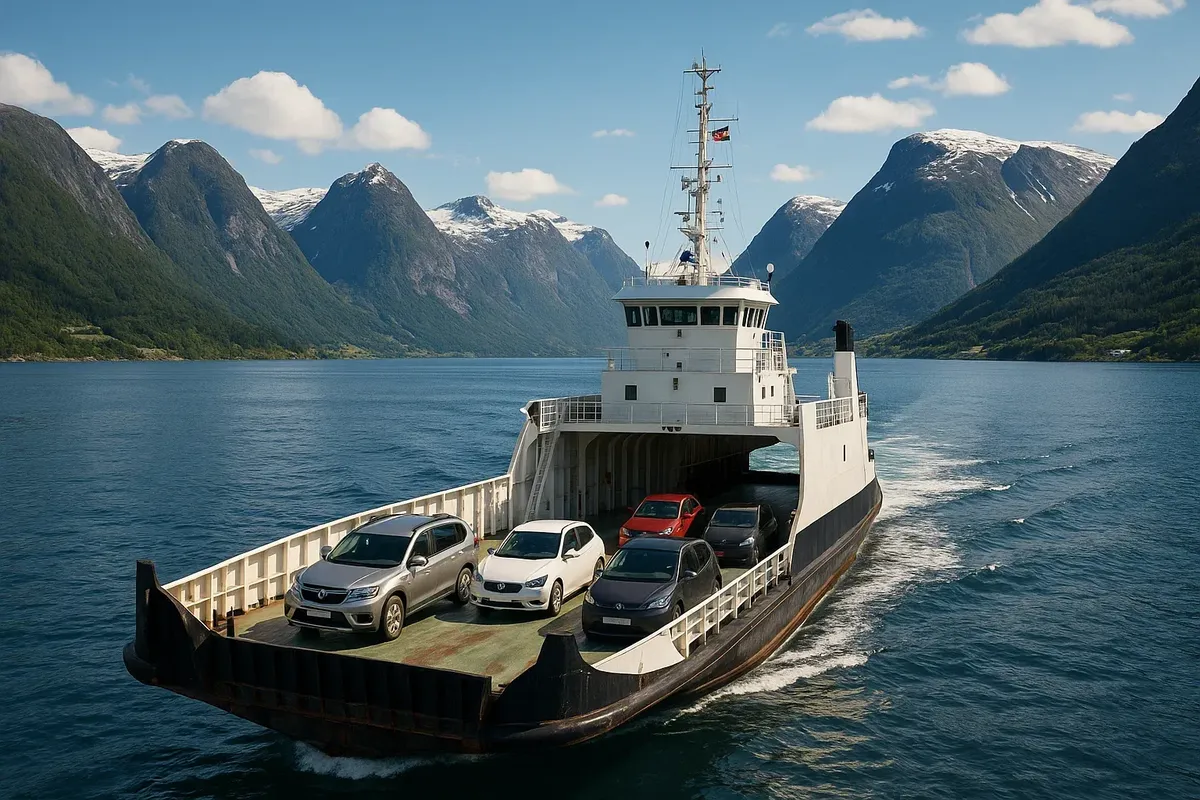 A Norwegian Fjord1 ferry transporting cars across a fjord with dramatic mountains in the background.