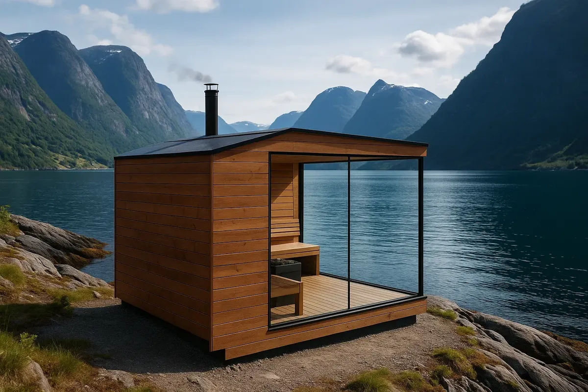 A stylish fjordside sauna in Norway with panoramic glass walls overlooking the mountains and water.