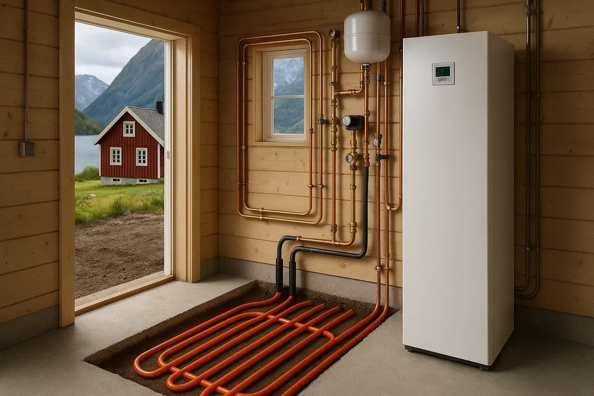 Technicians installing a geothermal heat pump system in a residential Norwegian property.