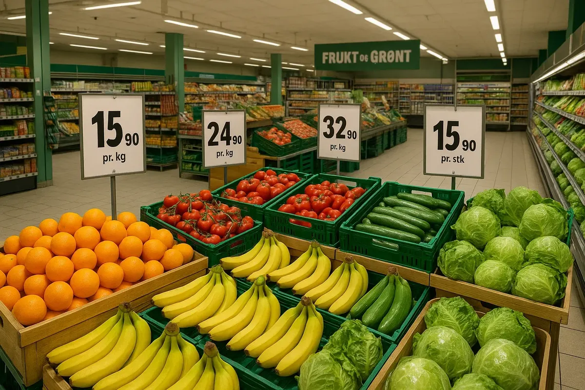 Inside a Norwegian grocery store showing fresh produce, bread, and visible price labels.