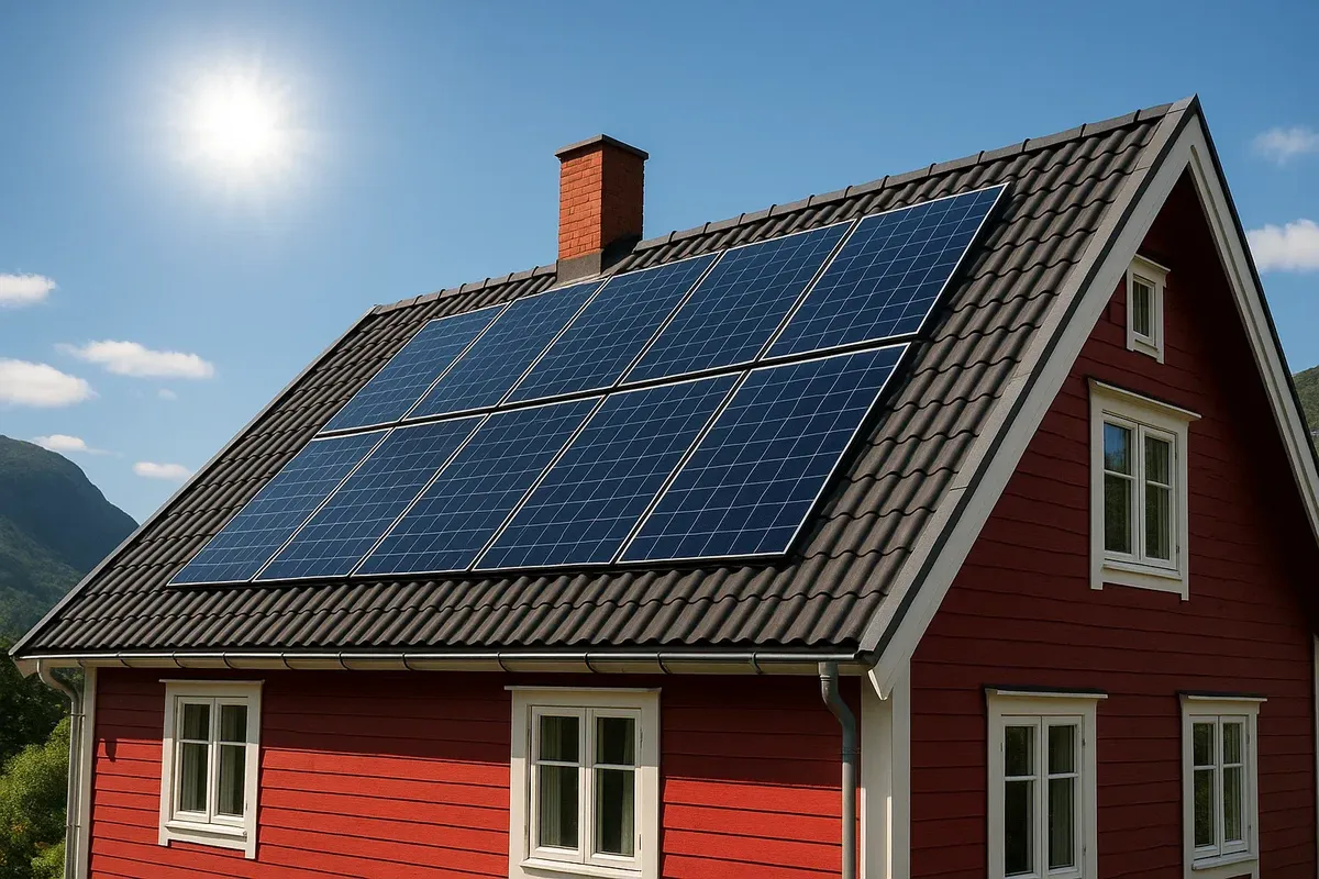 A Norwegian home with a roof covered in solar panels, producing renewable energy on a clear day.