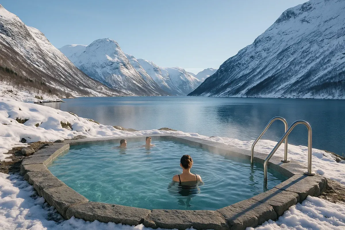 A steaming outdoor hot spring pool in Norway with snowy mountains in the background.