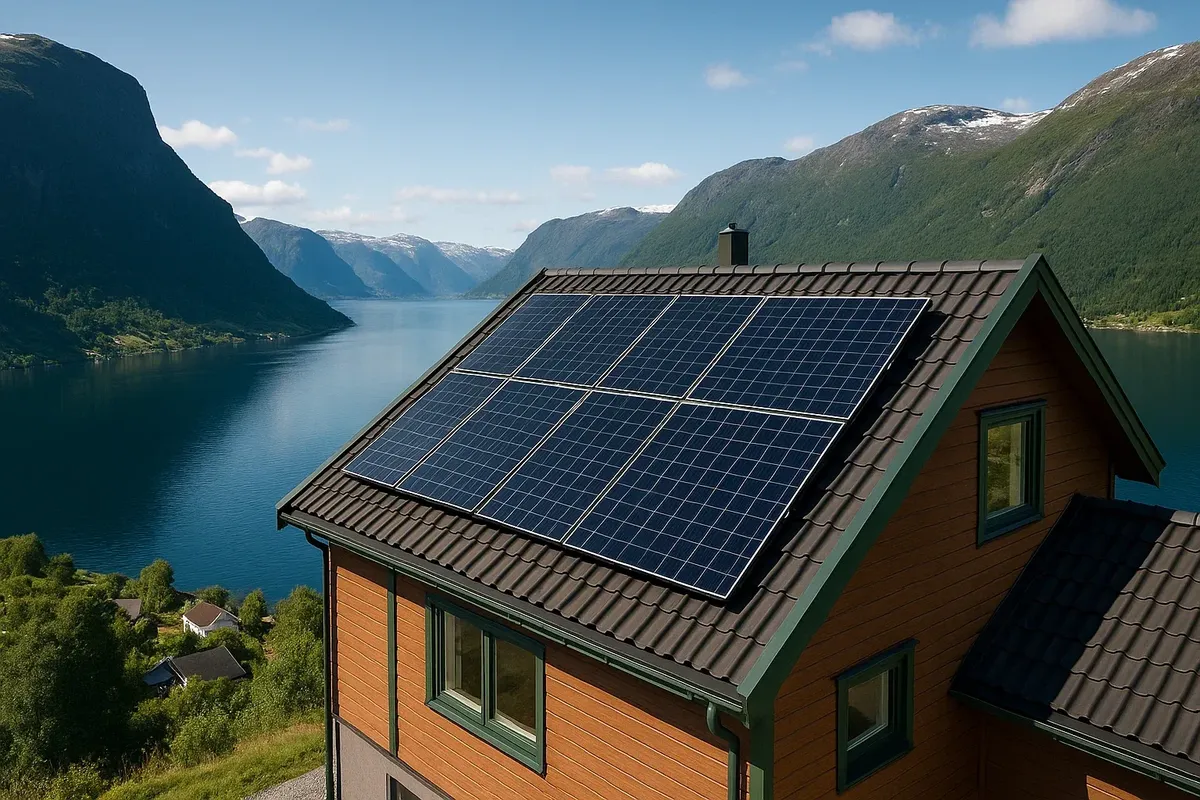A modern Norwegian home with solar panels on the roof, overlooking a scenic fjord.