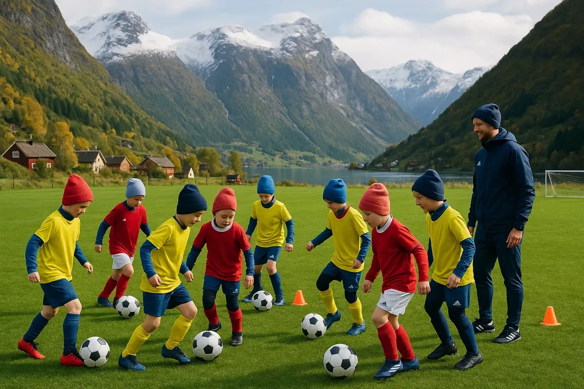 Young children participating in a football (soccer) training session on a green field in Norway.