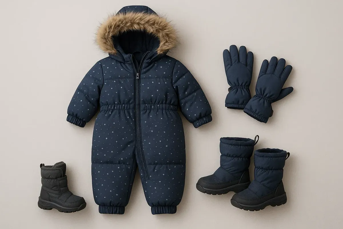 A winter clothing set for children in Norway, including a snowsuit, winter boots, and gloves, laid out on a bench.