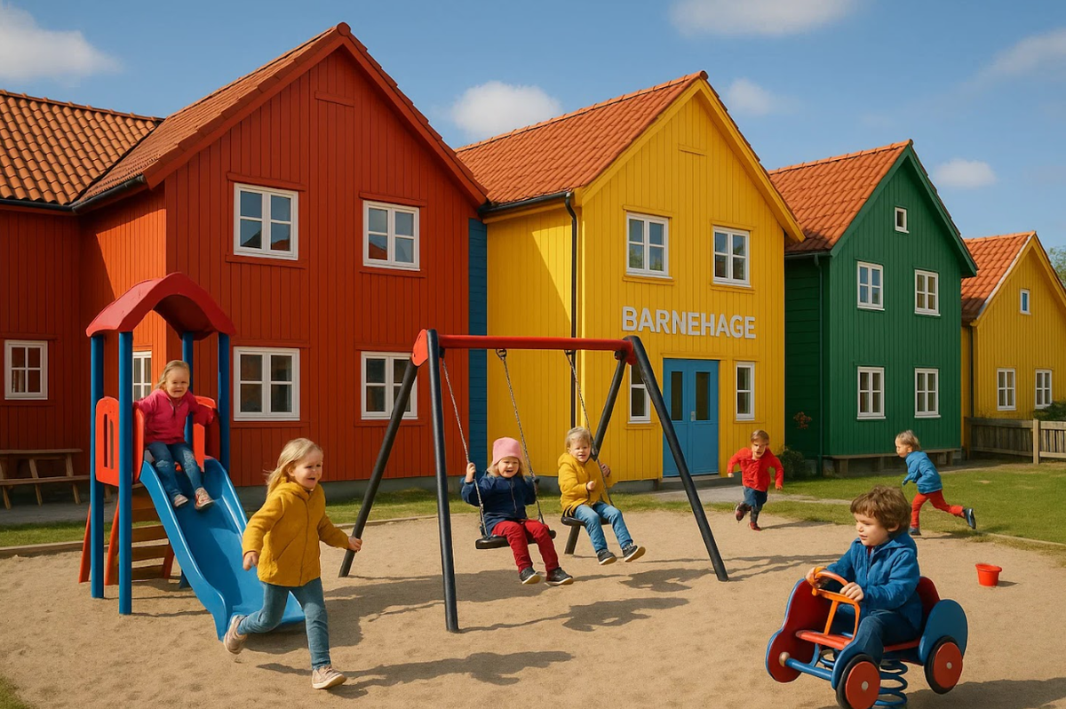 A bright Norwegian kindergarten building with an outdoor playground and children playing under supervision.
