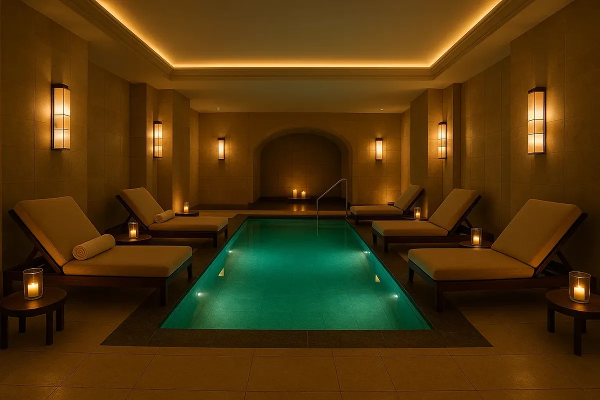 A luxury indoor spa pool in Norway with comfortable loungers and warm ambient lighting.