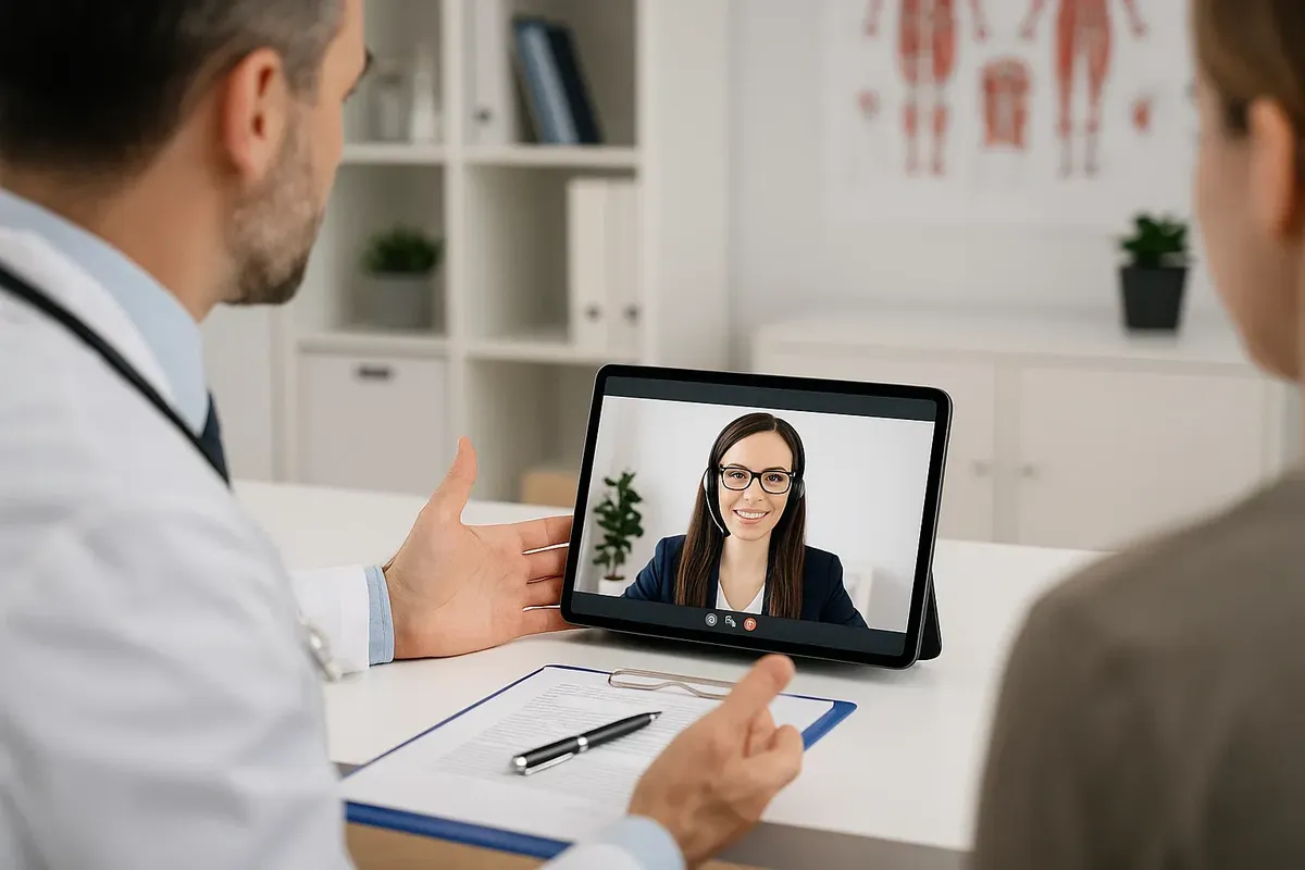 A doctor in Norway using a tablet to connect to a remote interpreter during a medical consultation with a foreign patient.