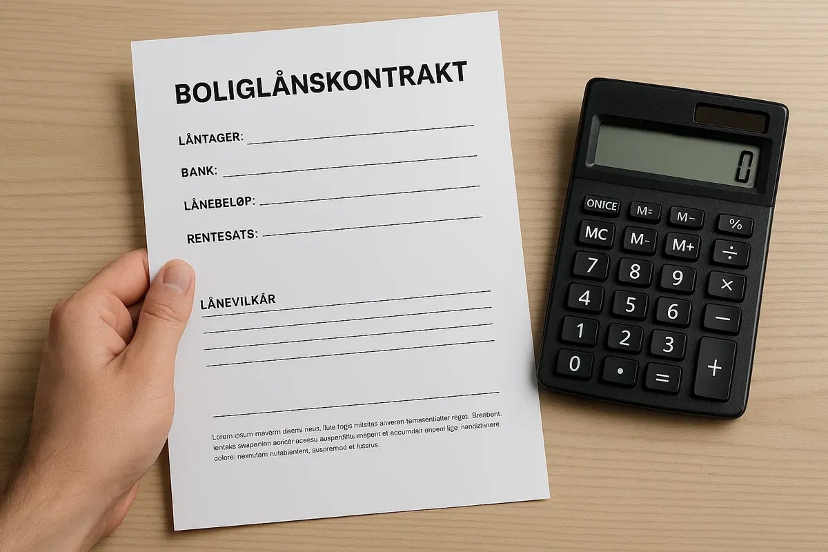 Close-up of a hand holding a mortgage contract with a calculator and pen on the desk.
