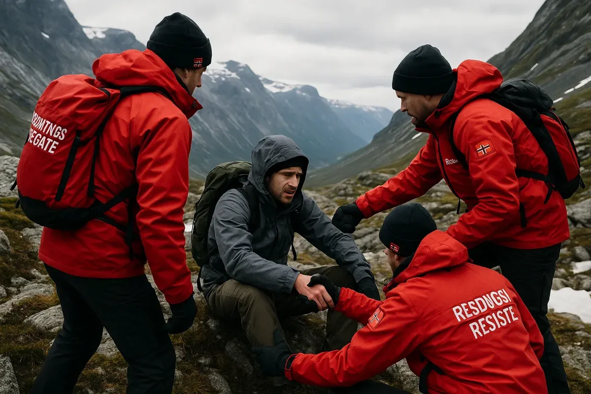 A Norwegian mountain rescue team assisting an injured hiker on a rocky mountain trail, with rescue equipment visible.