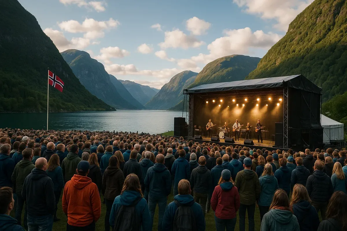 A summer outdoor music festival in Norway with a stage, large crowd, and scenic fjord in the background.