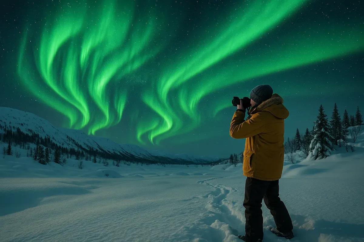 A tourist photographing the northern lights in Norway while wearing warm winter clothes in snowy surroundings.