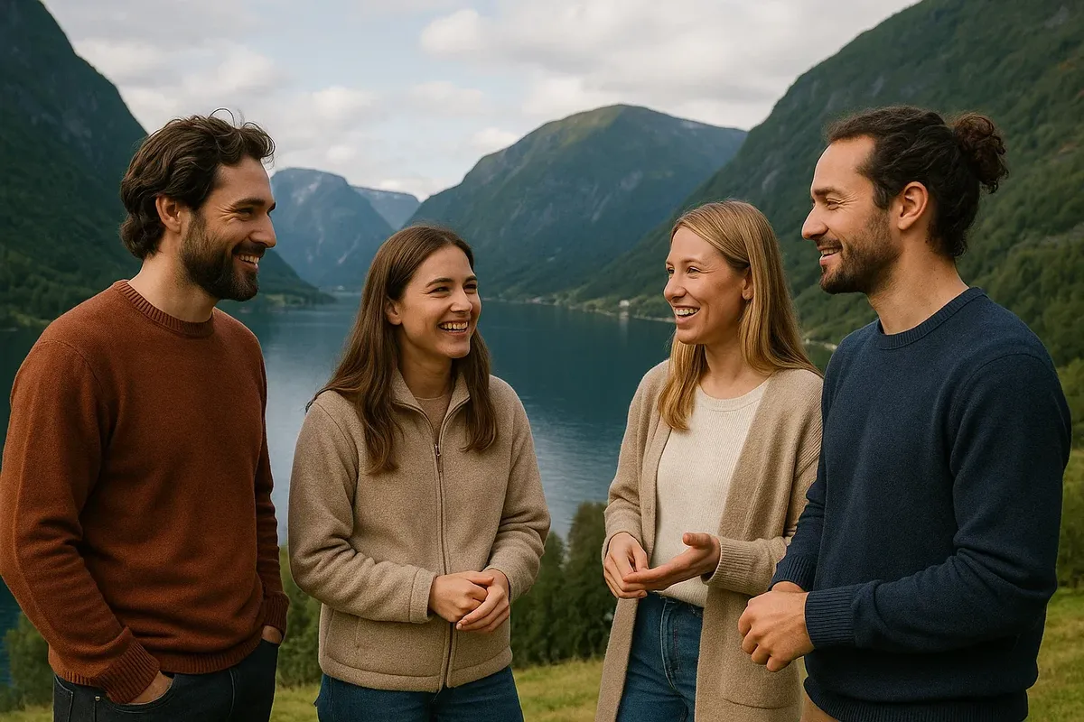 A small group of Norwegians chatting casually outdoors near a fjord, wearing casual clothes and smiling.