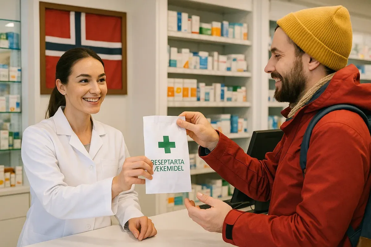 A pharmacist in Norway giving a prescription medicine bag to a tourist at a modern pharmacy counter.