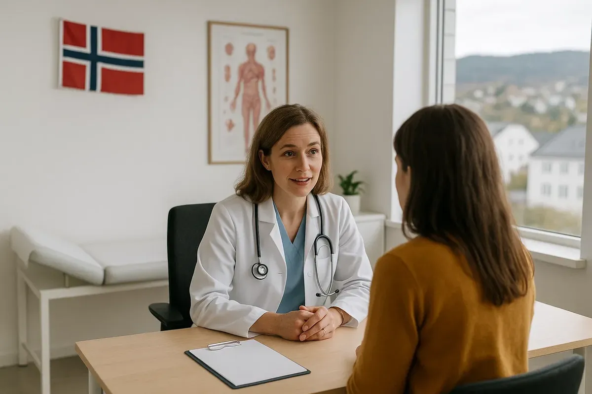A Norwegian private clinic doctor speaking with a patient in a bright consultation room.