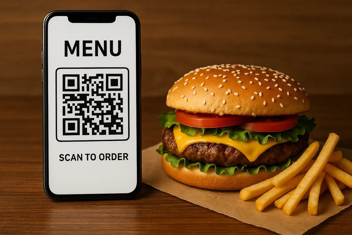 A smartphone showing a QR code menu app next to a freshly served burger and fries in a Norwegian casual dining restaurant.