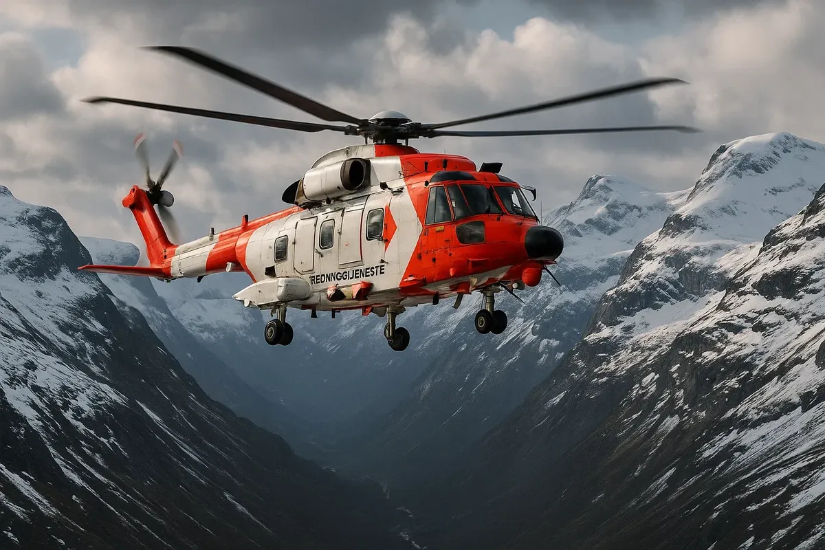 Norwegian rescue helicopter in flight above mountains, part of a search and rescue mission.