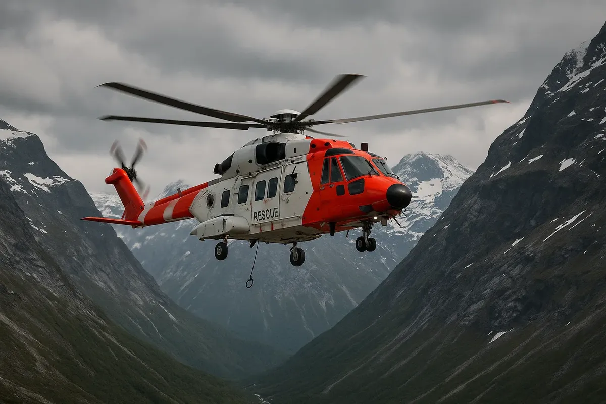 A bright red rescue helicopter flying over snowy Norwegian mountains during an official mountain rescue operation.