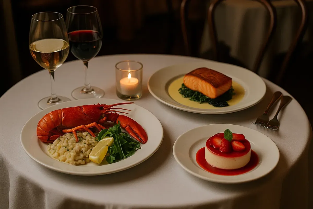 A beautifully set table in a Norwegian restaurant with seafood main courses, dessert, and wine glasses.