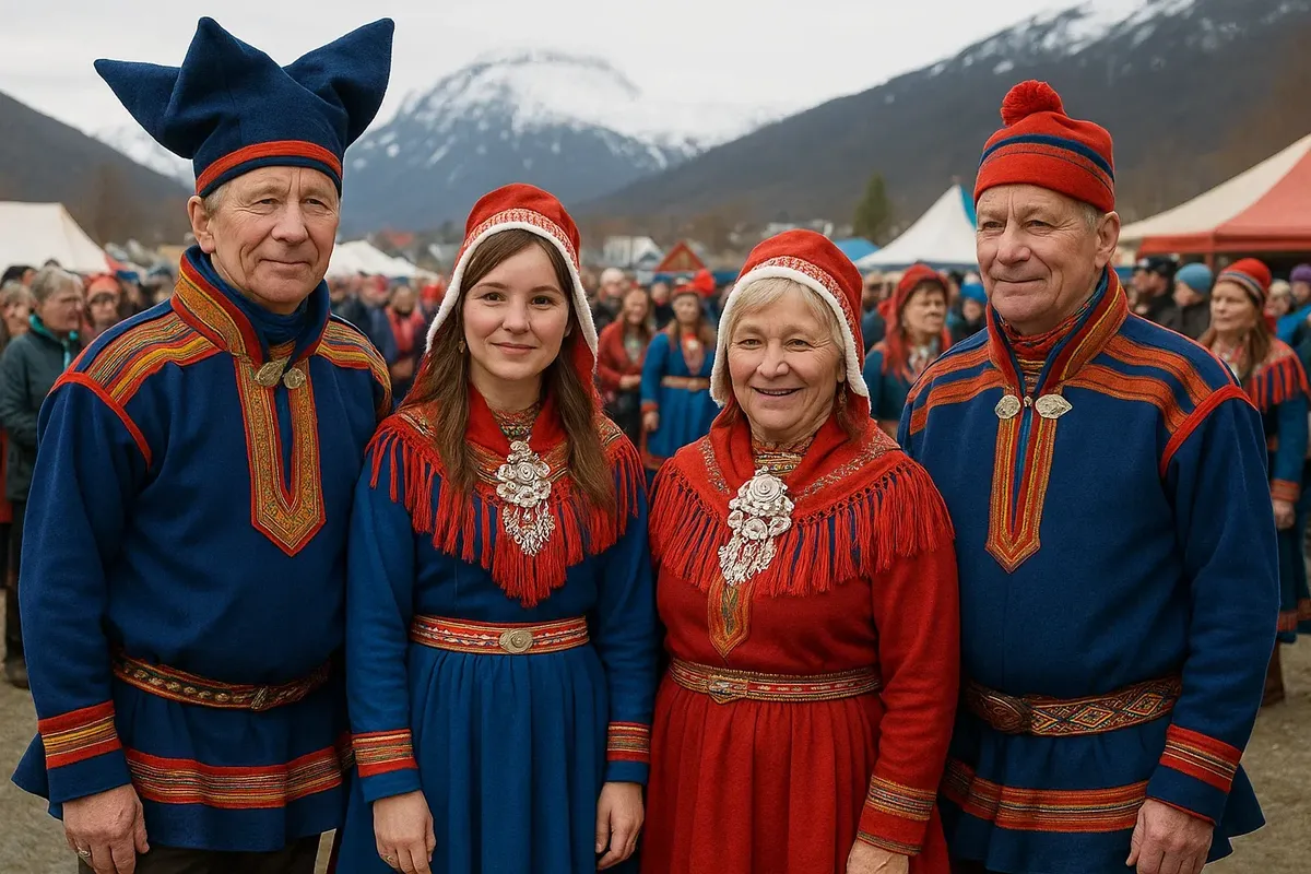Sami people dressed in traditional attire participating in a cultural festival in Northern Norway.