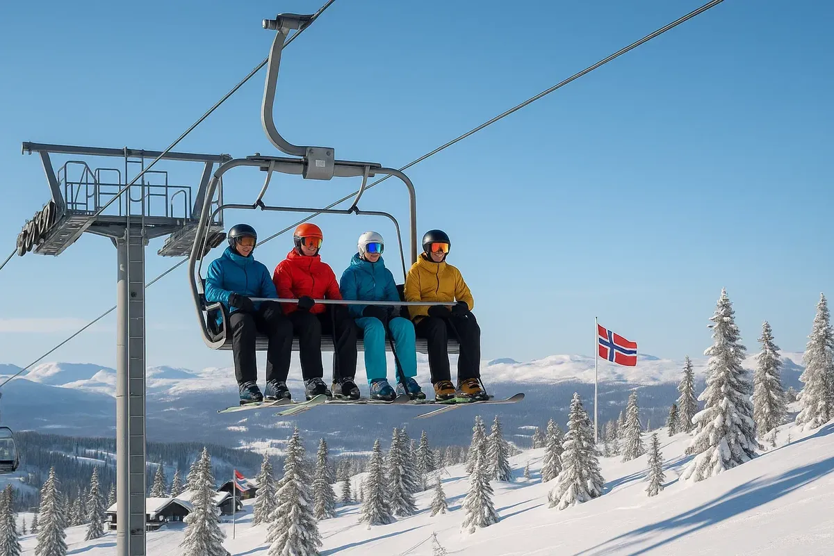 Skiers sitting on a chairlift with snow-covered slopes and mountains in the background in a Norwegian ski resort.