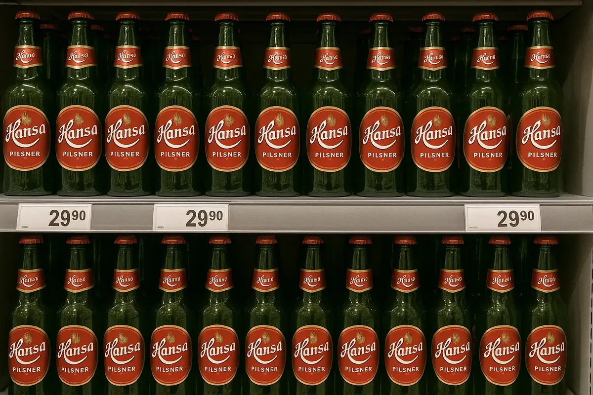 Norwegian supermarket beer shelf with Hansa bottles and price tags.