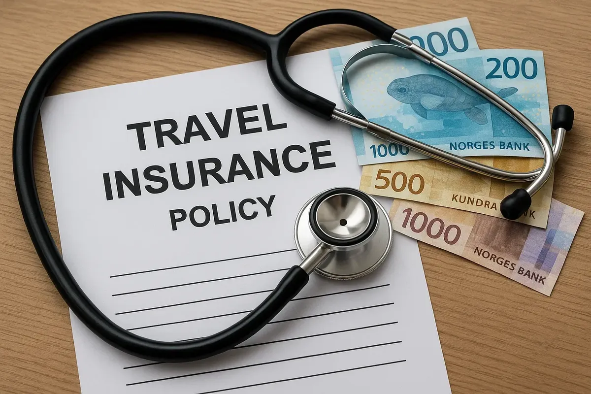 Travel insurance paperwork placed on a desk with a stethoscope and Norwegian currency, symbolizing health coverage for a Norway trip.