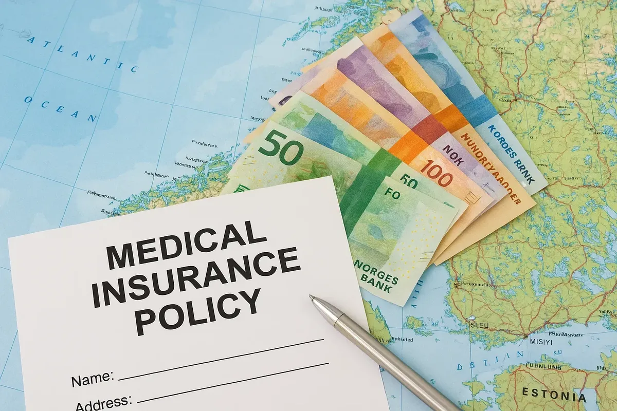 Travel medical insurance policy document with Norwegian currency placed on a map of Norway.