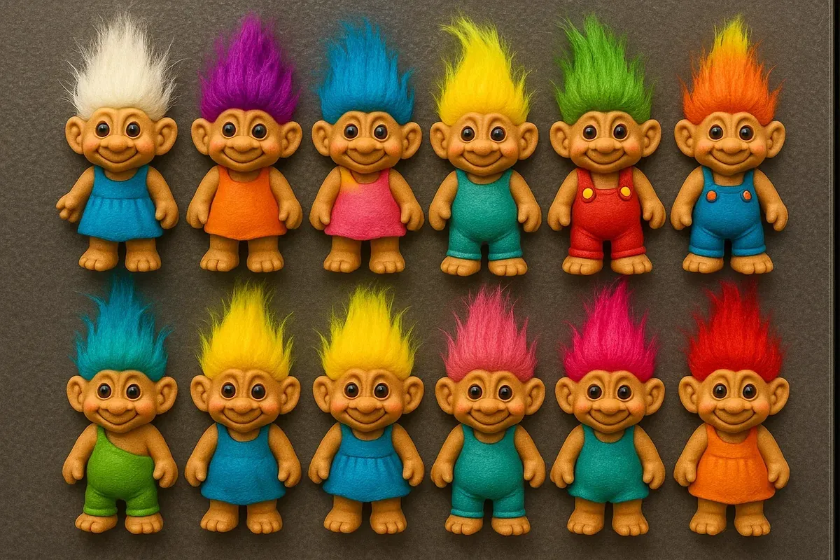 A variety of colorful Norwegian troll fridge magnets displayed in a souvenir shop.