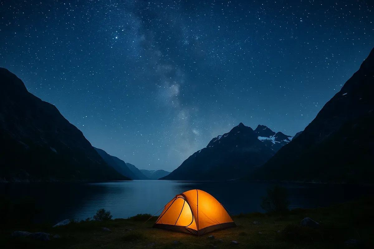 A tent set up for wild camping near a Norwegian fjord, with mountains and a clear starry night sky.