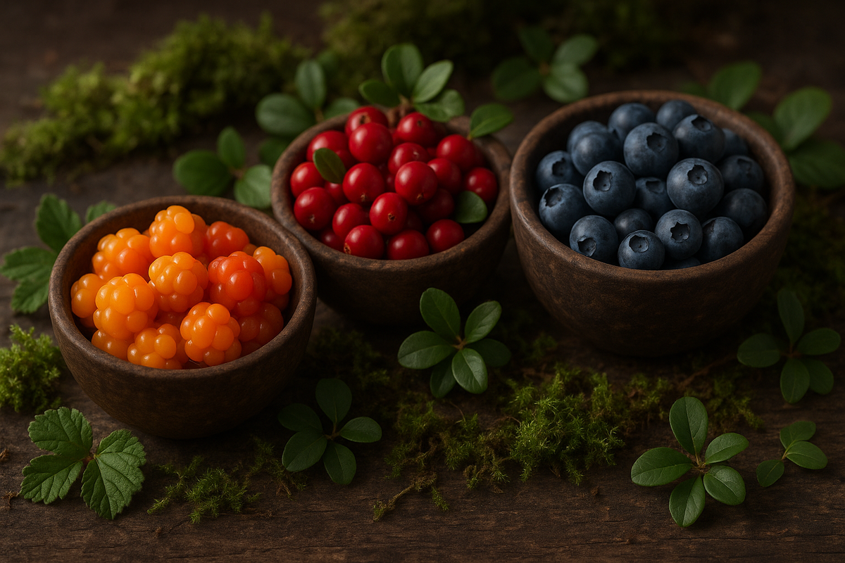 Rustic still life with Norway’s signature berries in wooden bowls.