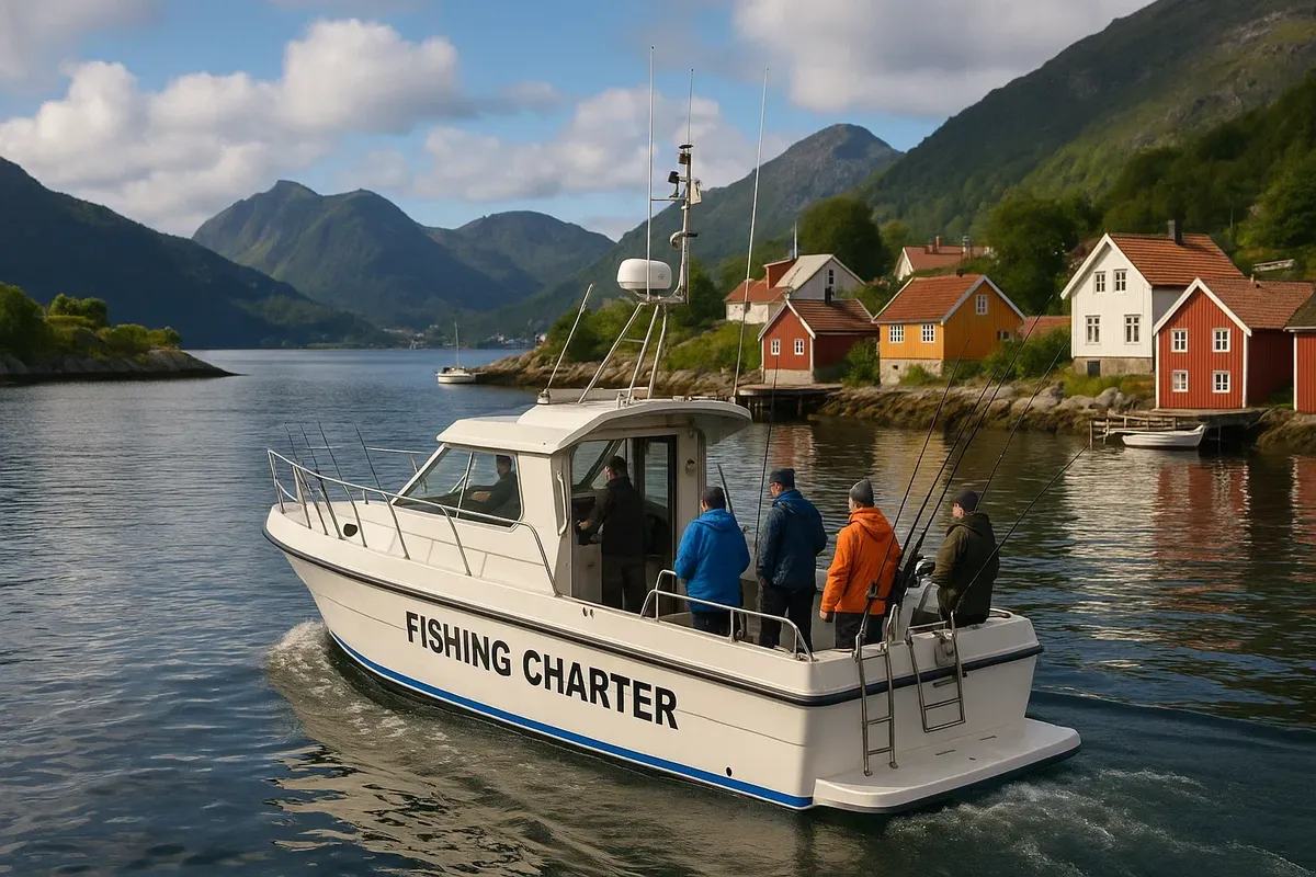 Fishing charter boat with crew and anglers departing from a small Norwegian harbor