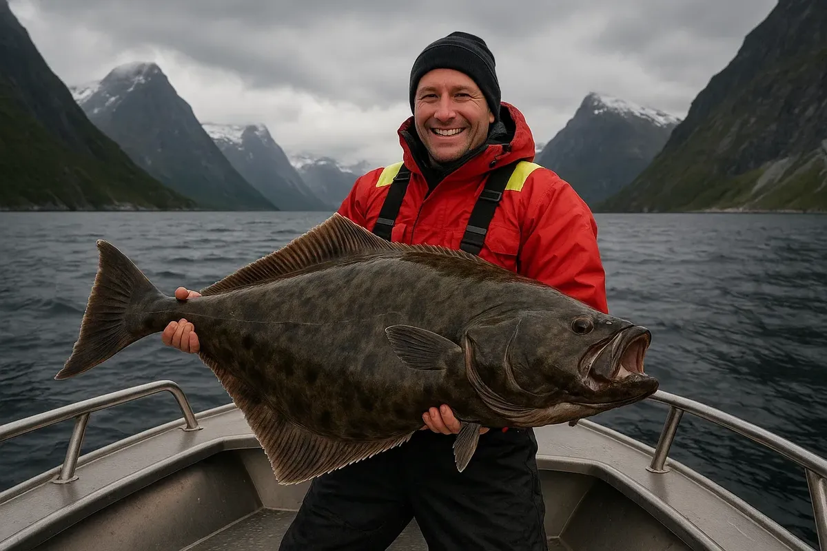 Angler holding a giant halibut on a Norwegian fishing boat with dramatic fjord background