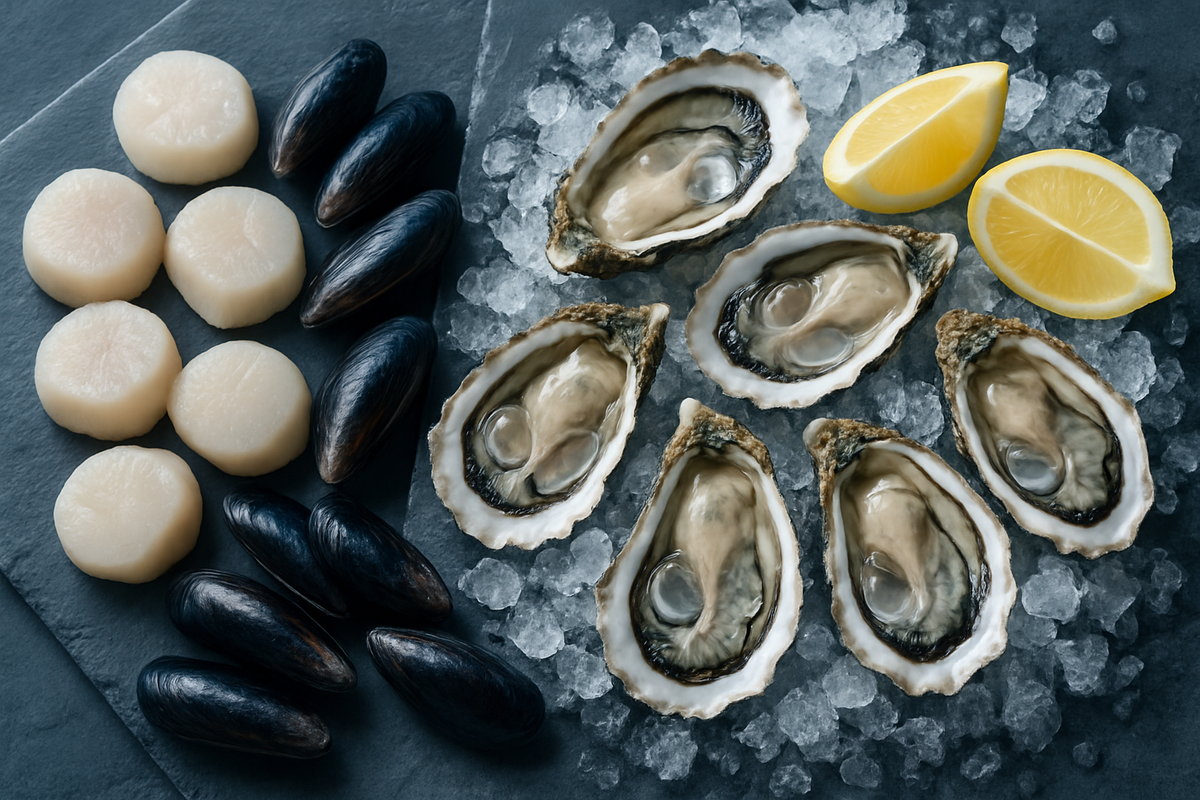 Chilled platter of Norwegian oysters, scallops and mussels on ice.