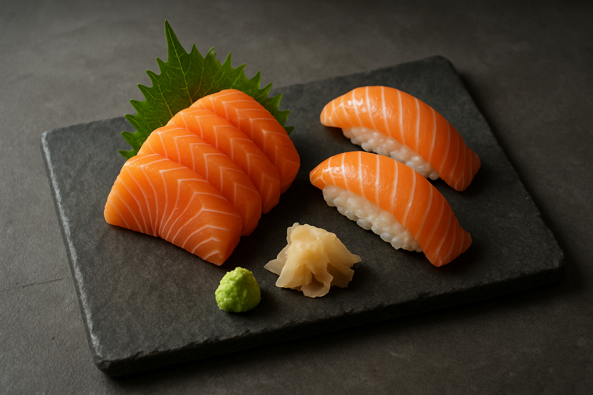Modern salmon tasting—sashimi/nigiri styling that illustrates the contemporary side of Norwegian salmon.