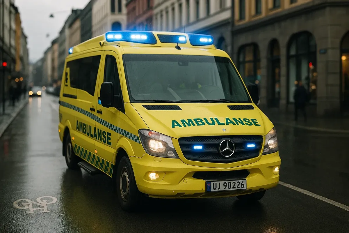 A modern Norwegian ambulance with flashing lights driving through a city street.