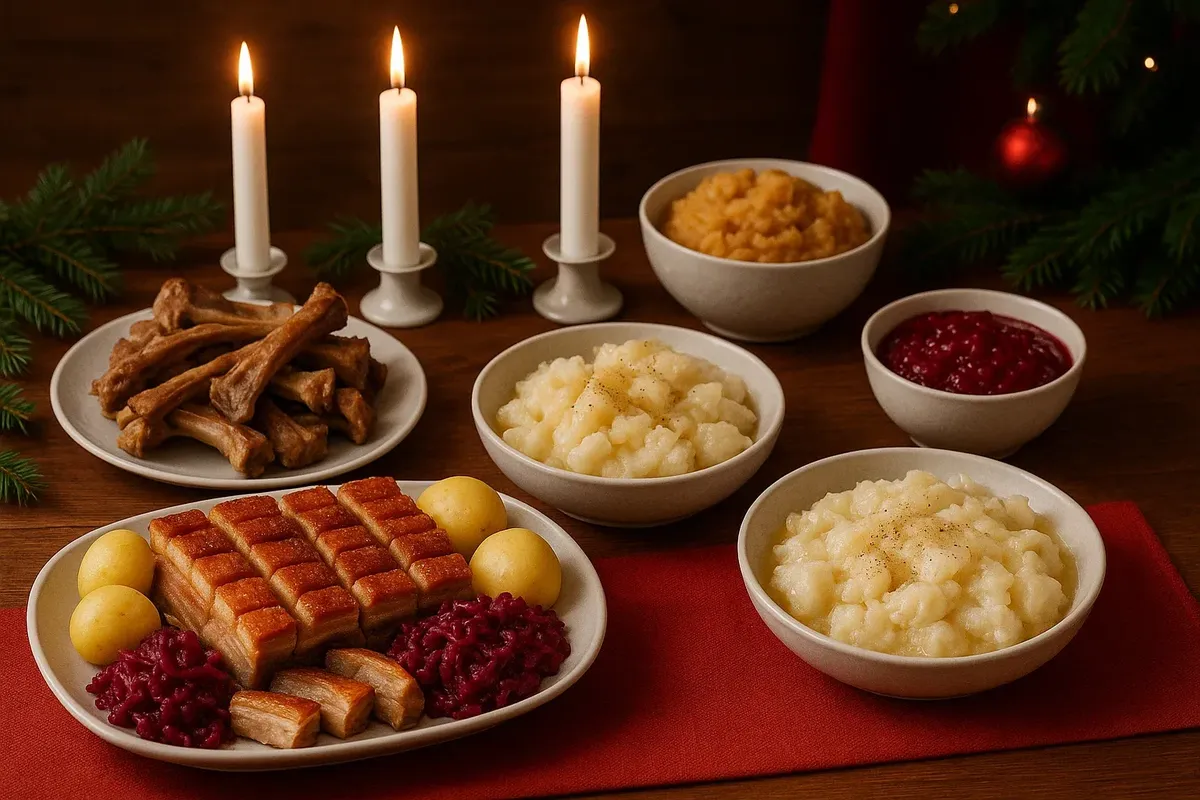 Cozy Christmas dinner setting in Norway with ribbe, pinnekjøtt, lutefisk, and festive decorations.