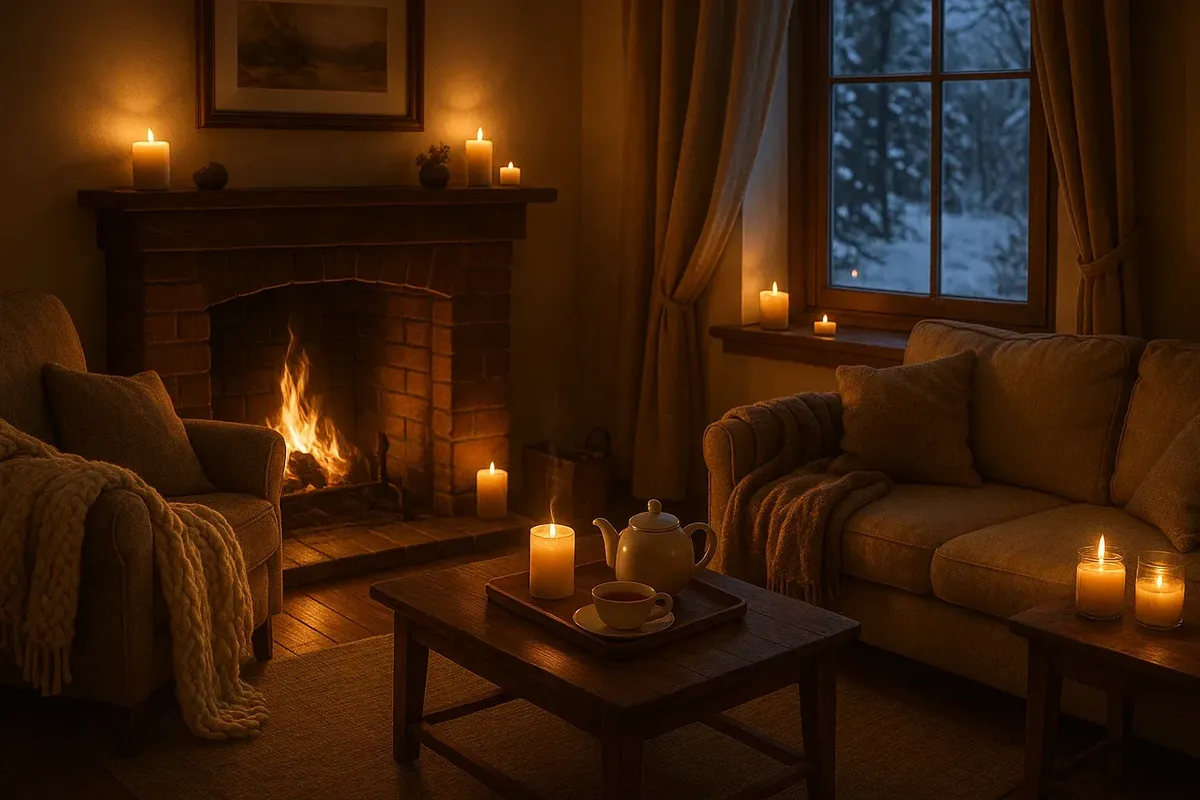 A warm Norwegian hygge interior with soft blankets, lit candles, a fireplace, and a cozy atmosphere for a winter evening.